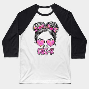 Kids Hello Pre-K Messy Bun Girls Preschool Back To School Baseball T-Shirt